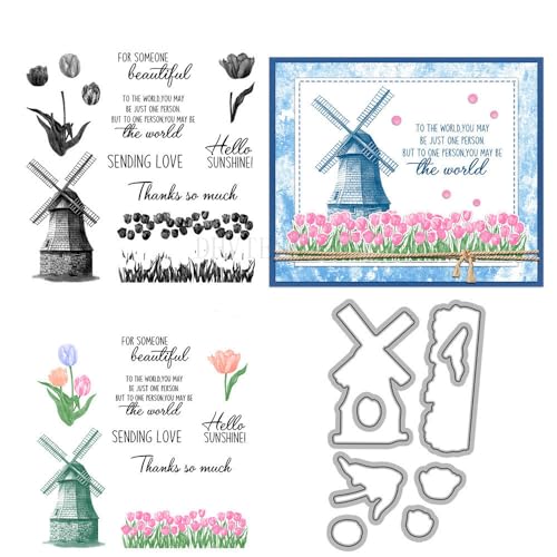 Windmühlenstempel und Stanzformen für Kartenherstellung, Blumen, transparentes Silikon, klarer Stempel und Metall-Stanzformen-Sets für DIY, Scrapbooking, Papierbasteln, Dichtungen, dekoratives Zubehör von DHVTESN