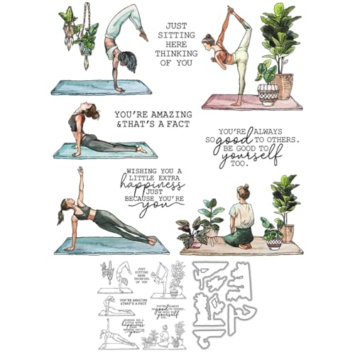 Yoga Woman Stempel und Stanzformen für Kartenherstellung, Yogamatte, Pflanze, transparentes Silikon, klarer Stempel und Metall-Stanzformen, Sets für DIY, Scrapbooking, Papierbasteln, Dichtungen von DHVTESN