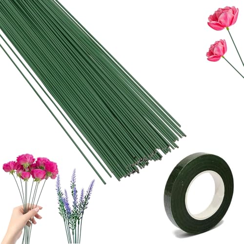 DHWEKU Blumendraht, 50 Stück Blumenstamm Draht Grün, Blumenstamm Draht Gauge, Blumenstängeldraht, 30 cm Lang, Für die Herstellung von Blumenhandwerk, künstlichen Blumen, Blumenbouquets von DHWEKU