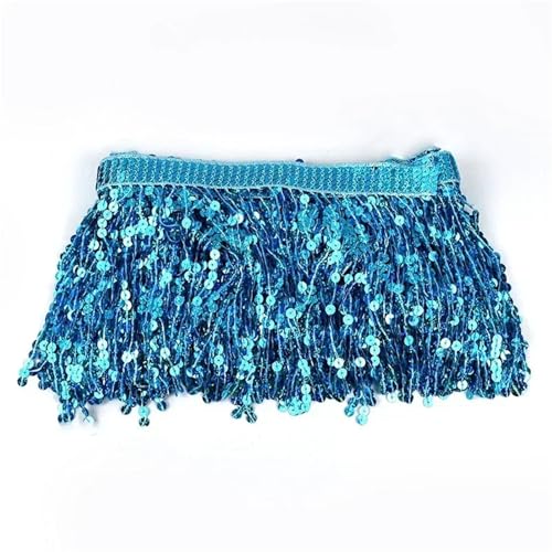 Quasten-Spitze 2/5/9 Meter 16 cm Perlen-Fransenbesatz, Pailletten-Nähquaste, bestickte Fransen, Spitzenband, lateinamerikanisches Kleid, Bekleidungsbesatz-Zubehör(Lake Blue,16cm-5Meters) von DHYUACN