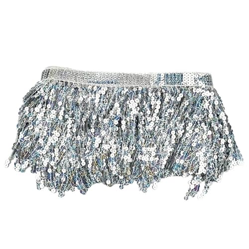 Quasten-Spitze 2/5/9 Meter 16 cm Perlen-Fransenbesatz, Pailletten-Nähquaste, bestickte Fransen, Spitzenband, lateinamerikanisches Kleid, Bekleidungsbesatz-Zubehör(Silver,16cm-5Meters) von DHYUACN