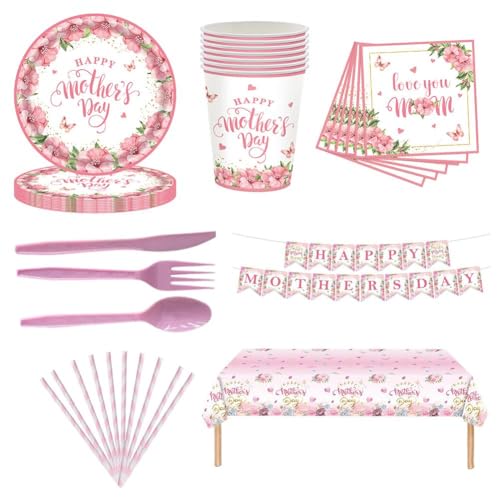 Partygeschirr, Happy Mother's Day Party Supplies Geschirrset, Tischdecke Pappbecher Einwegservietten Teller Utensilien von DHliIQQ