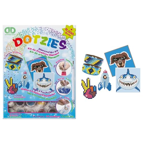 DIAMOND DOTZ DTZ10.002 - Original Diamond Painting Dotzies Set mit 6 Motiven: 2 Bilder 15x15cm, 2 Armbänder, 2 Aufkleber / Sticker, DIY Diamant Komplettset für Kinder ab 8 Jahren, Extra funkelnd, Blau von DIAMOND DOTZ