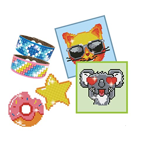 DIAMOND DOTZ DTZ10.003 - Original Diamond Painting Dotzies Set mit 6 Motiven: 2 Bilder 15x15cm, 2 Armbänder, 2 Aufkleber / Sticker, DIY Diamant Komplettset für Kinder ab 8 Jahren, Extra funkelnd, Grün von DIAMOND DOTZ