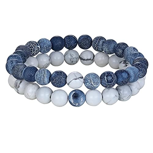 DIANN 2 Teile/Satz Stil Paare Abstand Armband Naturstein Yoga Perlen Armband Für Männer Frauen Freund Geschenk Charme Strang Schmuck-Blau Stein Weiß von DIANN