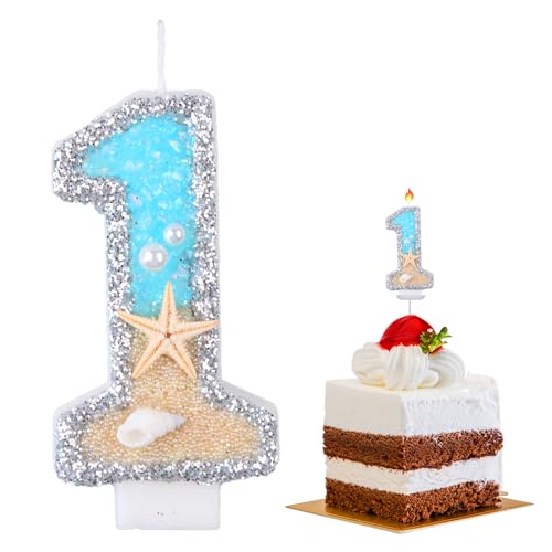 Geburtstagskerze 1,Zahlenkerze,Geburtstagskerzen Zahlen,Zahlen Kerzen,Geburtstag Kerzen,Geburtstagskerzen für Torte,Kerze 1 Geburtstag,3D Birthday Candles,Meeresthema,7.5cm (Nummer 1) von DIAONIAN