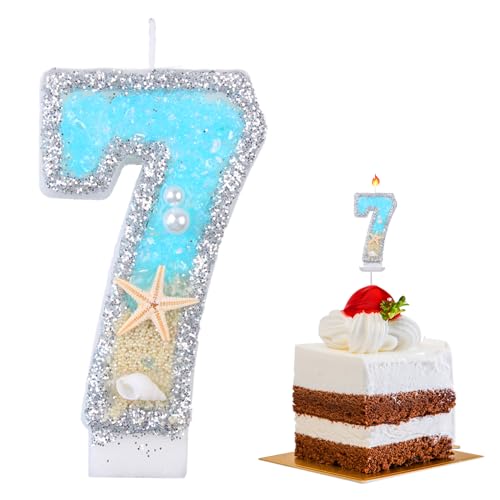 Geburtstagskerze 7,Zahlenkerze,Geburtstagskerzen Zahlen,Zahlen Kerzen,Geburtstag Kerzen,Geburtstagskerzen für Torte,Kerze 7 Geburtstag,3D Birthday Candles,Meeresthema,7.5cm (Nummer 7) von DIAONIAN
