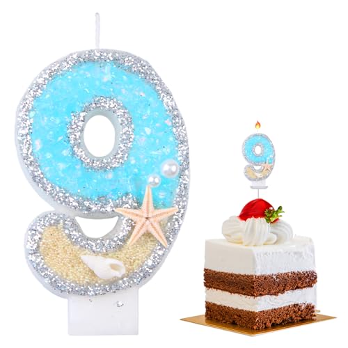 Geburtstagskerze 9,Zahlenkerze,Geburtstagskerzen Zahlen,Zahlen Kerzen,Geburtstag Kerzen,Geburtstagskerzen für Torte,Kerze 9 Geburtstag,3D Birthday Candles,Meeresthema,7.5cm (Nummer 9) von DIAONIAN