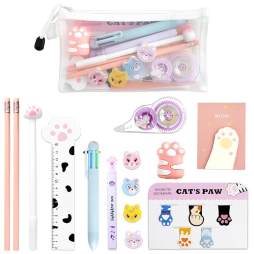 19 PCS Niedliche Katzenpfoten Pfote Schreibwaren Set, Cartoon Mini Radiergummi, Kawaii Magnetische Lesezeichen, Korrekturband, Lineal, Punktierstifte, Haftnotizen für Katzenliebhaber und Kinder von DIBALIYI