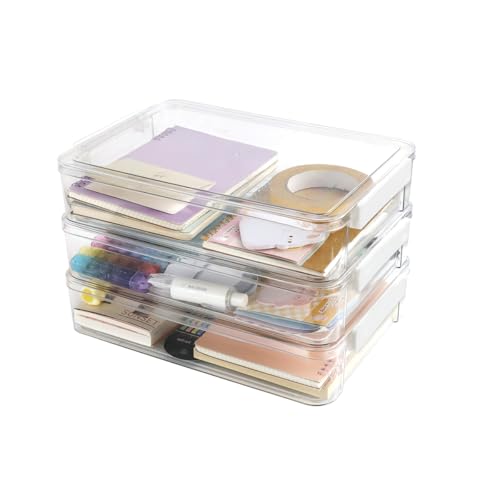 3 Pcs Bürobedarf Aufbewahrungsbox mit Deckel, A4 Stapelbar Stiftebox mit 2 Dokumentenhalter und Aufkleber, Durchsichtige Organizer für Fotobox Papier Aquarellstift Zeitschriften Notizbücher Büro Foto von DIBALIYI