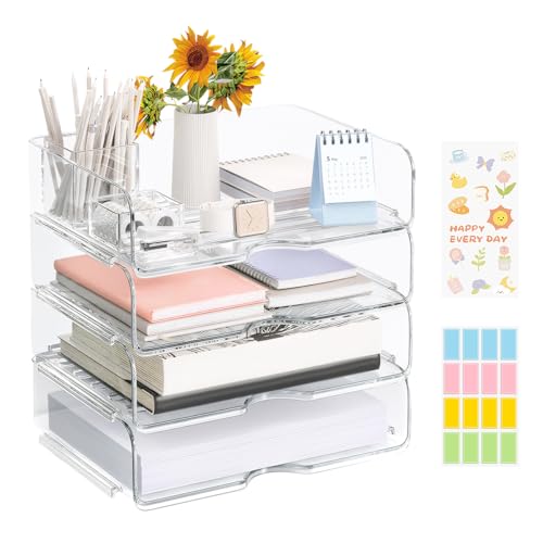 4 Pcs Ablagefächer Stapelbar, Clear Dokumentenablage aus Kunststoff, A4 Papierablage mit Etikett und Aufkleber, Schreibtisch Organizer briefablage für Büro,Schule Akten Papierordner Dokumente von DIBALIYI