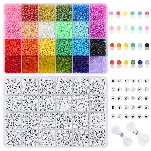 DICOBD Glasperlen mit Buchstaben A-Z, 4 mm, für Armbandherstellung, Freundschaftsarmband-Set zur Schmuckherstellung, Halsketten, Basteln, Armbänder und Schlüsselanhänger, mit 2 Rollen Kordel, 7200 DICOBD Glasperlen mit Buchstaben A-Z, 4 mm, für Armbandherstellung, Freundschaftsarmband-Set zur Schmuckherstellung, Halsketten, Basteln, Armbänder und Schlüsselanhänger, mit 2 Rollen Kordel, 7200 von DICOBD
