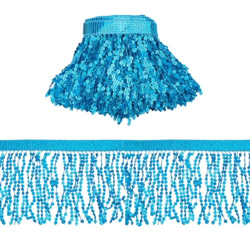 DICOSMETIC 10.94 YardS Pailletten Quastenband 17cm/6.69inch breit Pailletten Fransenband Bling Nähen Fransenband Cyan Glitzer Quastenband Spitzenband Für Nähen Handwerk Hausparty Dekoration von DICOSMETIC