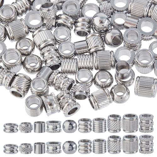 DICOSMETIC 100 Stück 10 Stile Edelstahl Europäische Perle 6-8mm Großlochperlen Metallsäulenperlen Runde Lose Abstandhalterperlen Für DIY Halskette Armband Ohrring Schmuckherstellung Bohrung: 4-5.2mm von DICOSMETIC