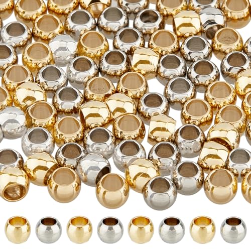 DICOSMETIC 100 Stück 2 Farben Runde Abstandsperlen 4 mm Großes Loch Fassperlen Goldene Lose Perlen Europäische Perlen Aus Edelstahl Für DIY-Halskette Schmuckherstellung, Bohrung: 1.2mm von DICOSMETIC