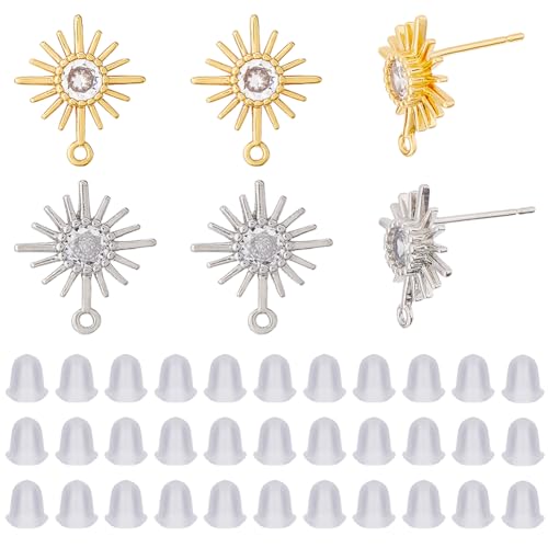 DICOSMETIC 12 Stück 2 Farben Messing Sonnen-Ohrringe Findings Platin Goldene Sonne Ohrringe Ohrstecker 14,5 x 12,5 mm Zirkonia Ohrringe Ohrstecker mit 20 Stück Kunststoff-Ohrmuttern für DIY Ohrring von DICOSMETIC