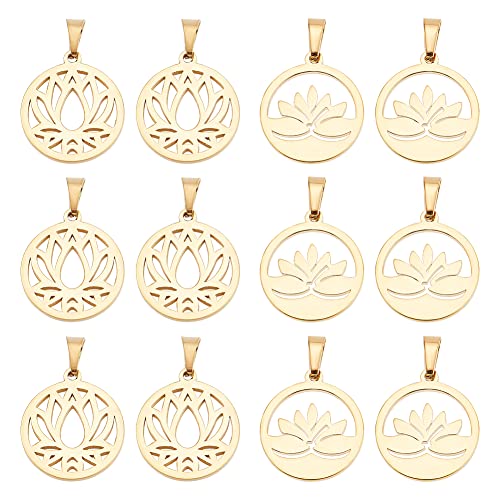 DICOSMETIC 12 Stück 2 Stile Yoga Lotus Blume Charm Yoga Meditation Charm Goldener Hohler Lotus Charm Flacher Runder Charm Mit Verschluss Edelstahl Charm Für Die Schmuckherstellung, Bohrung: 5x2.5mm von DICOSMETIC