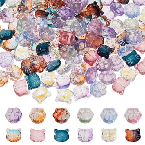 DICOSMETIC 120 Stück 12 Stile sprühlackierte Glas-Katzenperlen, transparente Katzenperlen, Glaspfotenabdruck-Perlen, kleine Tierpfoten-Perlen für DIY-Halsketten, Ohrringe, Schmuckherstellung von DICOSMETIC
