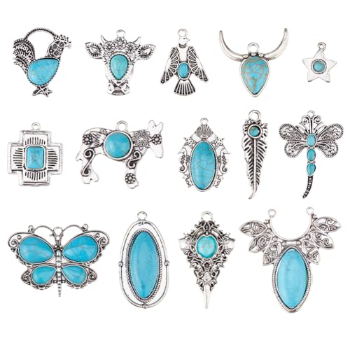 DICOSMETIC 14 Stück 14 Stile Westliche Türkis Charme Vintage Türkis Charme Set Legierung Blatt Stern Kreuz Rind Vogel Libelle Anhänger Für Armbänder Halsketten Schmuckherstellung von DICOSMETIC