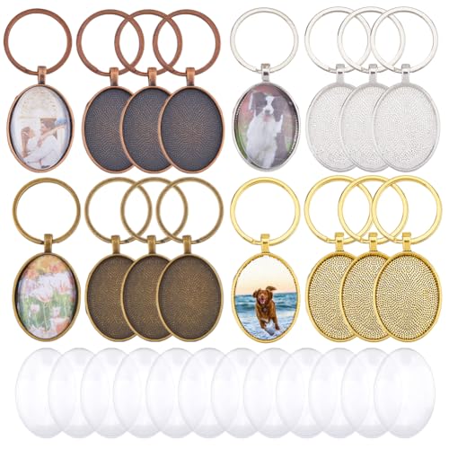 DICOSMETIC 16 Sets 4 Farben, ovaler Schlüsselanhänger-Tablett, 30 x 20 mm, Legierung, Cabochon-Schlüsselanhänger, Rohlinge mit Schlüsselringen, DIY-Schlüsselanhänger-Bastelset mit Cabochons für Fotos von DICOSMETIC