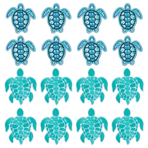 DICOSMETIC 16 Stück 2 Stile Tier Applikationen Polyester Eisenflicken Niedliche Schildkröte Aufnäher Blaue Meeresschildkröte Bestickter Aufnäher Für Hut Tasche DIY Kleidung von DICOSMETIC