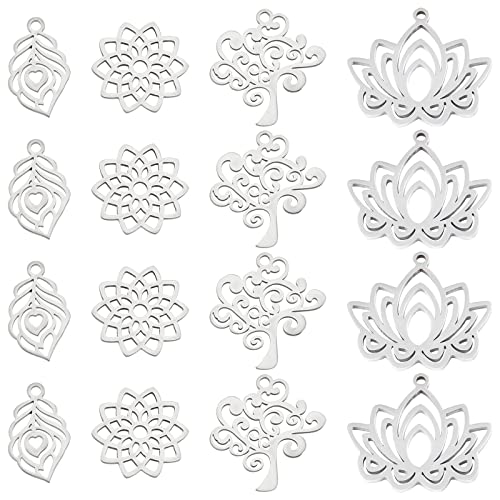DICOSMETIC 16 Stück 4 Stile 201 Edelstahl Pflanzen charme Hohlblatt Anhänger Baum des Lebens charme Lotus charme Blumen Anhänger Für Die Schmuckherstellung Zum Basteln von DICOSMETIC