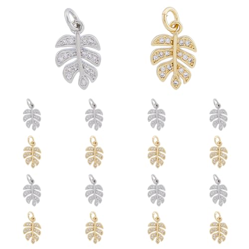 DICOSMETIC 16 Stück Monstera Blatt Charms Zirkonia Tropische Blatt Anhänger Goldene Pflanzen Charms Strass Messing Charms Mit 3 mm Offenem Biegering Für Die DIY Schmuckherstellung von DICOSMETIC