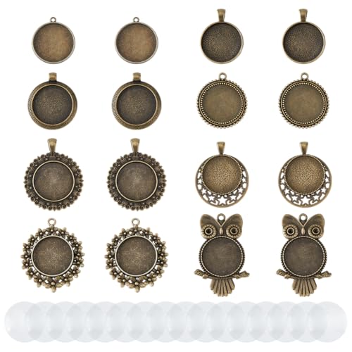 DICOSMETIC 16 Stücke 8 Stile Runde Lünette Anhänger Schalen Eulen Blumen Mond Anhänger Schalen Cabochon Leere Basis Legierung Leere Anhänger Kits Mit 16 Stücke Klare Glas Cabochons DICOSMETIC 16 Stücke 8 Stile Runde Lünette Anhänger Schalen Eulen Blumen Mond Anhänger Schalen Cabochon Leere Basis Legierung Leere Anhänger Kits Mit 16 Stücke Klare Glas Cabochons von DICOSMETIC