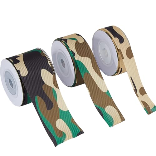 DICOSMETIC 18 Yards 3 Rollen Polyester Camouflage Druckband Grünes Camouflage Band 16/22/38mm Breite Grosgrain Bänder Für Geschenkverpackung Und Camp Themenparty Dekoration, 6 Yards/Rolle von DICOSMETIC