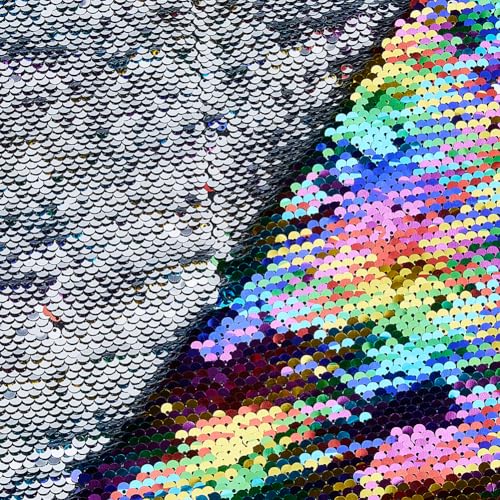 DICOSMETIC 1x1.5m Paillettenstoff Regenbogen Zum Silber Pailletten Glitzerstoff Zum Nähen Meerjungfrau Paillettenstoff Zweifarbiger Paillettenstoff Zum Nähen Hochzeit Party Dekoration von DICOSMETIC
