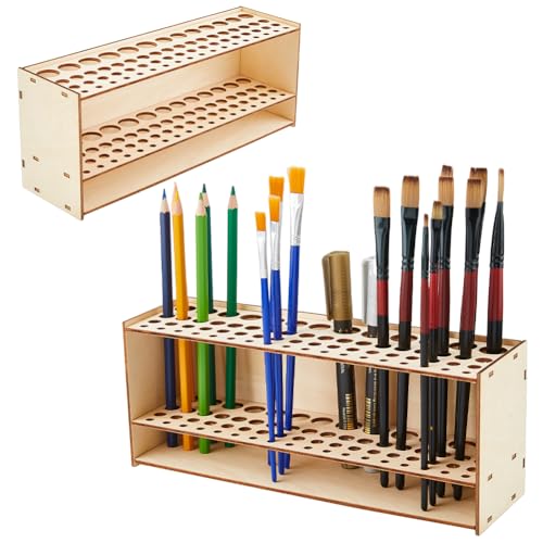 DICOSMETIC 2 Sets Holz Pinselhalter Ständer 25x7x10cm Schreibtischständer Pinselorganizer Mokassin Pinselständer Für Stifte Bleistifte Make Up Pinsel (67 Löcher) von DICOSMETIC