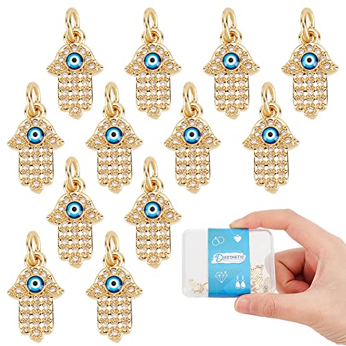 DICOSMETIC 2 Styles 12Pcs Hamsa Hand Anhänger Messing Cubic Zirkonia Anhänger Blue Evil Eye Anhänger Hand von Fatimas Schutz Anhänger Mit Biegering Für Die Schmuckherstellung Bohrung: 3.2 mm von DICOSMETIC