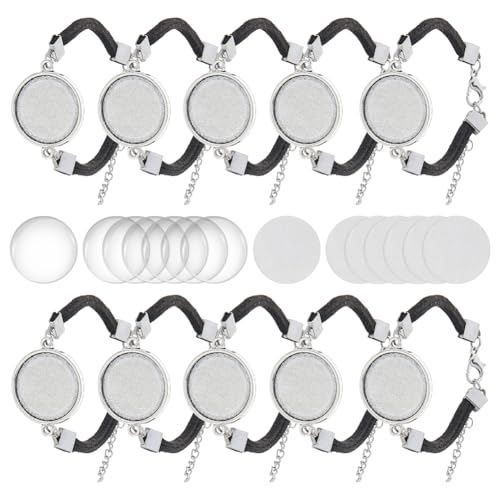 DICOSMETIC 20 Setzt Armband Lünetten Einstellungen 17cm Lünetten Armband Tablett Einstellungen Legierungsarmband Rohlinge Mit Schwarzem Kunstlederband Und Runden Glas Cabochons Für DIY Armbänder von DICOSMETIC
