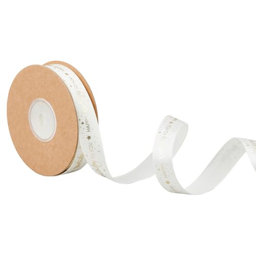 DICOSMETIC 20 Yards Geburtstagsbänder 5/8 Zoll (15mm) Breites Satin Druckbänder DIY Geschenkverpackungsbänder Blumendekorative Bänder In Weiß Mit Goldprägung Für Schleifen Partyzubehör von DICOSMETIC
