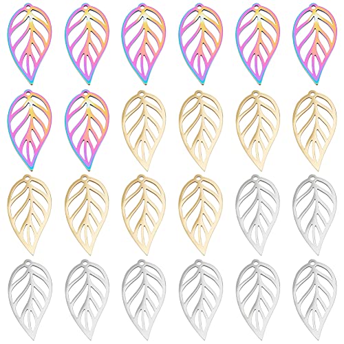 DICOSMETIC 24 Stück 3 Farben Hohle Blatt charme Mehrfarbige Baumblätter Anhänger Regenbogen Blatt charme Ornamente Edelstahl Anhänger Dekoration Für Die Schmuckherstellung Bohrung: 1.4 mm von DICOSMETIC