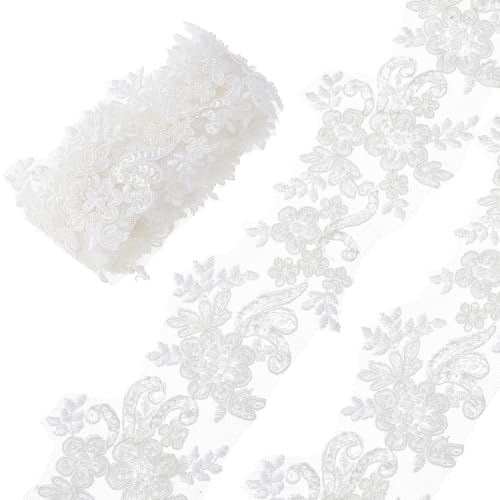 DICOSMETIC 2Yards x 2-1/2 Zoll (63mm) Weiße Stickerei Spitze Applikationen Luxus Spitzenbesätze Strass Perlen Blumenstickerei Spitzenbesatz Für Hochzeitskleidung Verzierungen von DICOSMETIC