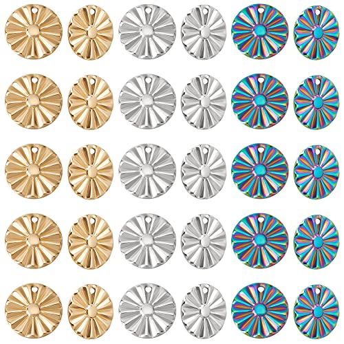 DICOSMETIC 30 Stück 3 Farben Strukturierte Blumen Charme Flache Runde Anhänger Sonnenblumen Charme Wellenscheiben Charme Edelstahl Anhänger Für Die Schmuckherstellung, Bohrung: 1.6 mm DICOSMETIC 30 Stück 3 Farben Strukturierte Blumen Charme Flache Runde Anhänger Sonnenblumen Charme Wellenscheiben Charme Edelstahl Anhänger Für Die Schmuckherstellung, Bohrung: 1.6 mm von DICOSMETIC