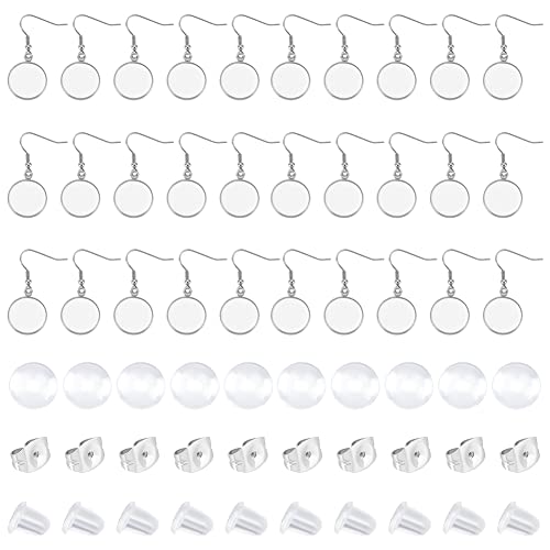 DICOSMETIC 30 Stück Edelstahl Ohrring Lünetten 16mm Flach Rund Baumelnd Ohrringschalen Ohrring Drahthaken Mit Cabochon Fassungen Für Die Schmuckherstellung von DICOSMETIC