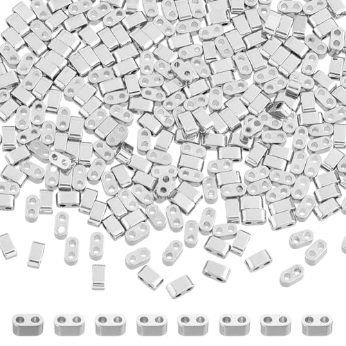 DICOSMETIC 300 Stück 925 Sterling Versilberte 2 Loch Perlen Rechteck 4.5x2x2.5mm Hämatitperle Synthetischer Edelstein Lose Perlen Mehrstrang Verbindungsperle Für Die Schmuckherstellung von DICOSMETIC