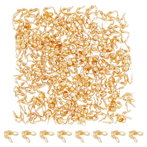 DICOSMETIC 300 Stück Messing Perlenspitzen Echt 18 Karat Vergoldet Clamshell Quetschperlenspitzen Umklappbare Perlenspitzen Für Armbänder Und Schmuck Bohrung: 1.6 mm von DICOSMETIC