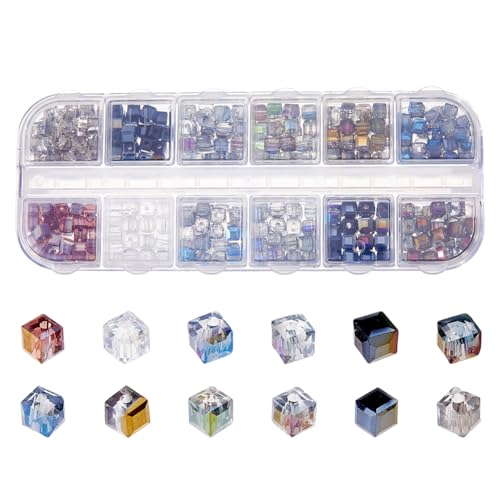 DICOSMETIC 360 Stück Würfel Facettierte Glasperlen 12 Farben Quadratische Kristallperlen 4mm Kristall Zwischenperle Elektroplattierte Perle Für Die Schmuckherstellung Loch: 1mm (Dunkle Farbe) von DICOSMETIC