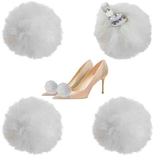 DICOSMETIC 4 Stück Pom Pom Schuhclip Weiß Abnehmbarer Schuhclip 1.57 Zoll Flauschige Schuhschnalle Künstlicher Wollball Schuhdekoration Für Damenstiefel Hut Flache Schuhe Kleidung Handtasche von DICOSMETIC