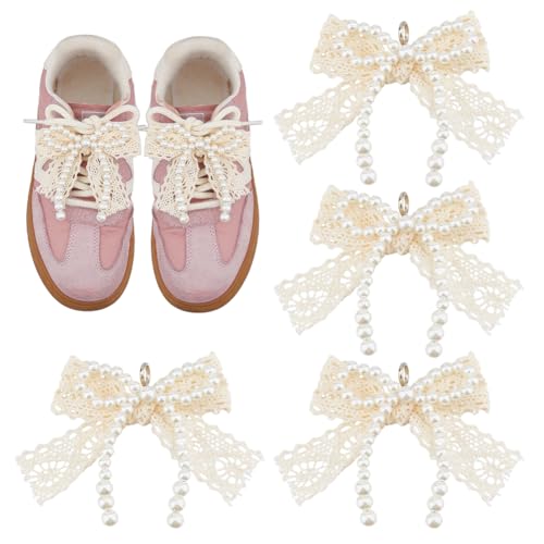 DICOSMETIC 4 Stück Schleifen Schuhanhänger Schleifen Schnürsenkel Anhänger Perlmutt Schnürsenkel Dekorationen Antikweiße Perlen Schleifen Schlüsselanhänger Für DIY Damen Schmuck Sneaker Taschen von DICOSMETIC