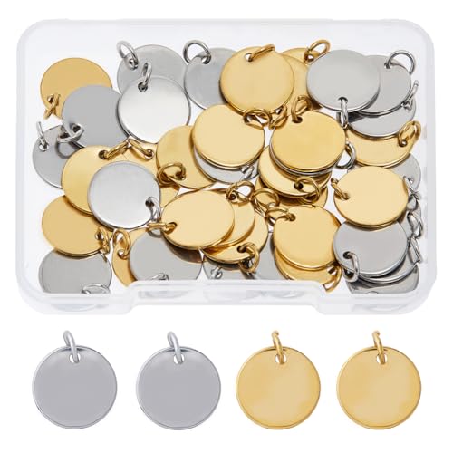 DICOSMETIC 40 Stück 2 Farben Edelstahl Rund Anhänger Rohlinge Anhänger 12mm/0.47" Flache Runde Anhänger Metall Gravur Rohlinge mit Sprungring für Die Schmuckherstellung (Gold & Edelstahlfarbe) von DICOSMETIC