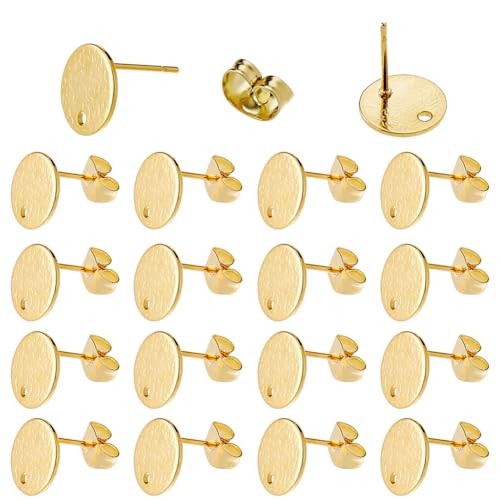 DICOSMETIC 40 Stück flache runde Ohrstecker, strukturiert, blanko, goldene flache runde Ohrstecker, 10 mm, Edelstahl-Ohrringpfosten mit Schlaufe für DIY-Ohrringe, Bastelarbeiten, Loch: 1,2 mm von DICOSMETIC