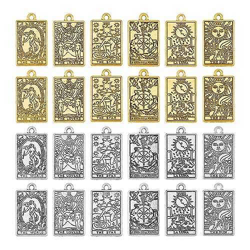 DICOSMETIC 48 Stück 6 Stile Mystische Tarot Anhänger Glücksrad/Liebhaber/Welt/Stern/Luna/Sonne Glücksbringer Amulett Anhänger Wahrsagerei Legierungsanhänger Für Die Schmuckherstellung von DICOSMETIC