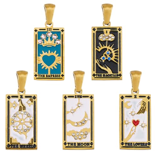 DICOSMETIC 5 Styles Edelstahl Tarot Anhänger 5 Stück Emaille Strass Charms Goldene Tarot Charms Rechteckige Tarot Karten Charms Für DIY Halskette Schmuckherstellung 19x10.5x2.5mm von DICOSMETIC