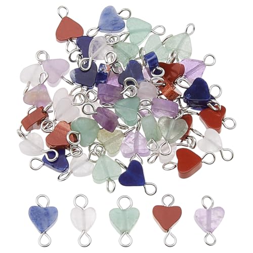 DICOSMETIC 50 Stück 5 Styles Edelstein Verbinder Anhänger 12.5x7.5x3mm Herzstein Anhänger Verschiedene Steinverbindungen Anhänger Liebesanhänger Mit Doppelöse Für Schmuckherstellung von DICOSMETIC