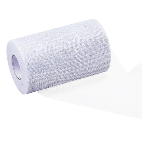 DICOSMETIC 50 Yards Weißes Netzband Schimmerndes Netzstoffband Polyester Glitzerband Verdrahtet 6" breite Netzstoffrollen Für Tutu Rock DIY Handwerk von DICOSMETIC
