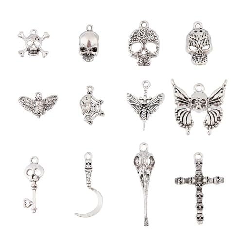 DICOSMETIC 60 Stück 12 Stile Halloween Anhänger Totenkopf Legierung Anhänger Tibetischen Totenkopf Anhänger Antik Silber Kreuz Schmetterling Spinnennetz Anhänger, Bohrung: 1.2-2.5mm DICOSMETIC 60 Stück 12 Stile Halloween Anhänger Totenkopf Legierung Anhänger Tibetischen Totenkopf Anhänger Antik Silber Kreuz Schmetterling Spinnennetz Anhänger, Bohrung: 1.2-2.5mm von DICOSMETIC